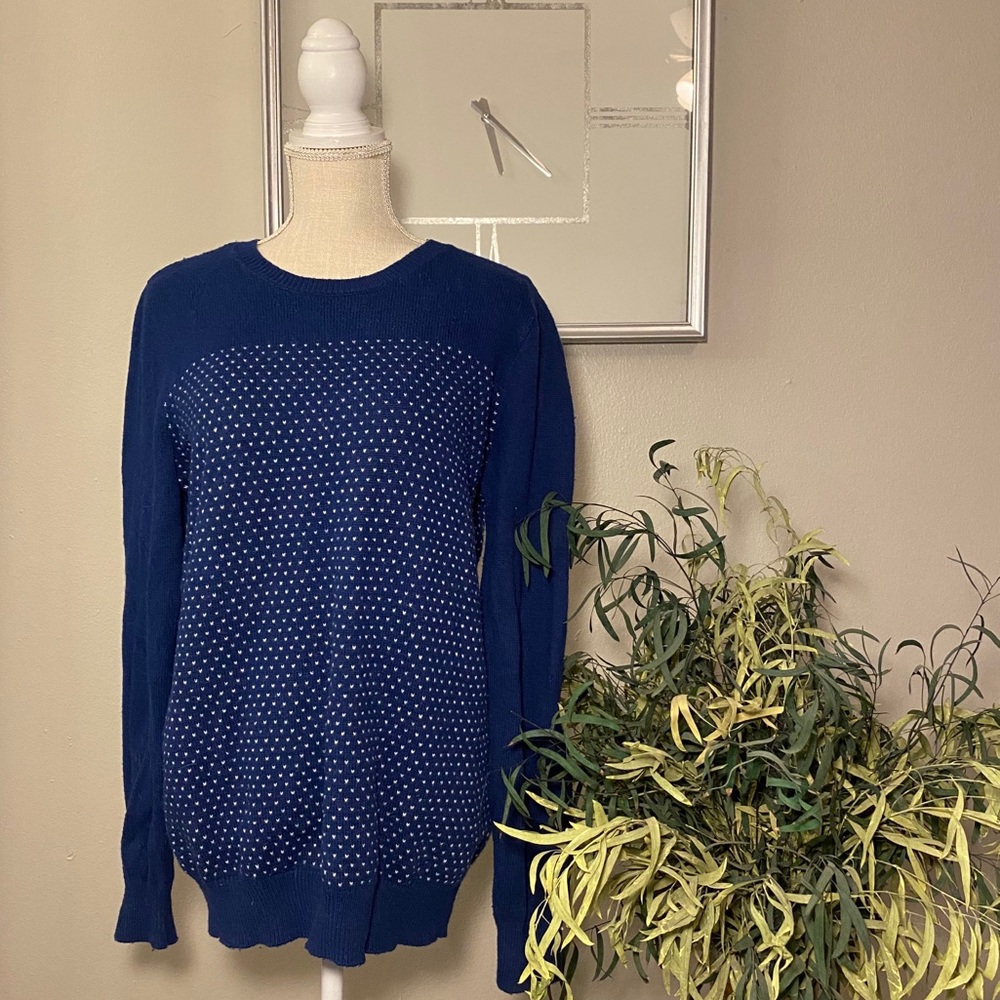 Loft Blue Sweater with White Heart Stitch Pattern